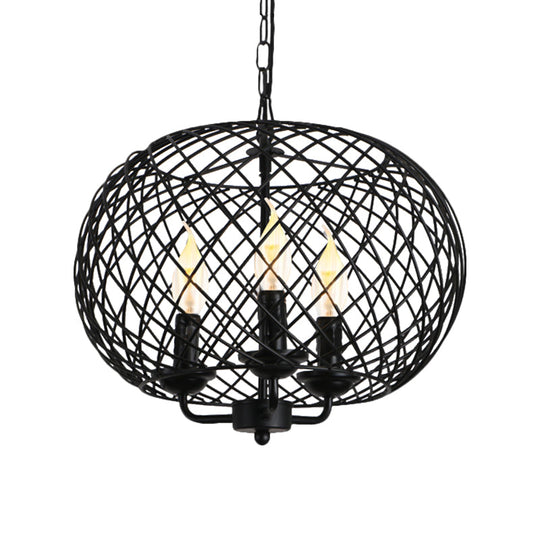 Industrial Black Mesh Drum Chandelier - 3-Bulb Hanging Lamp For Dining Room Ceiling Fixture