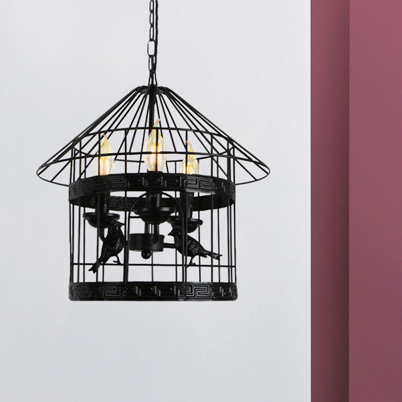 Vintage Black Barrel/Birdcage Chandelier Pendant Light With Wire Guard - 3 Lights For Table /