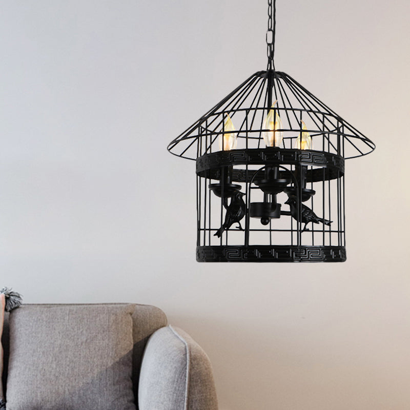 Vintage Black Barrel/Birdcage Chandelier Pendant Light With Wire Guard - 3 Lights For Table