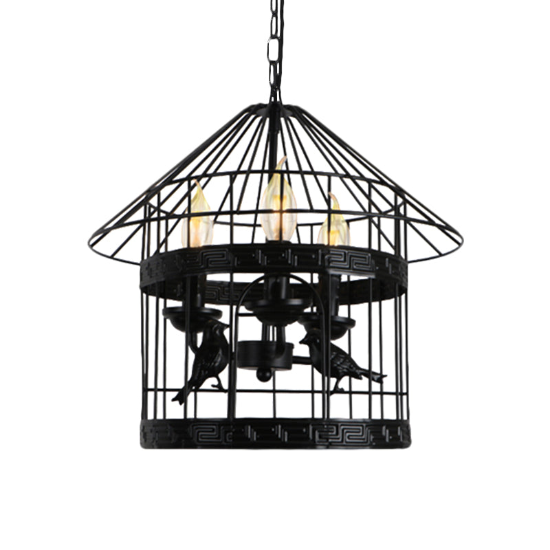Vintage Black Barrel/Birdcage Chandelier Pendant Light With Wire Guard - 3 Lights For Table
