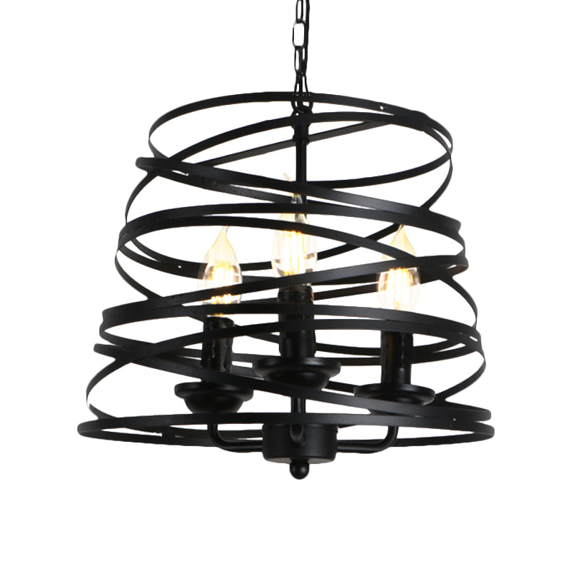 Barrel/Birdcage Chandelier Lighting - Vintage Style Pendant Light - 3 Lights - Black Metallic - Over Table