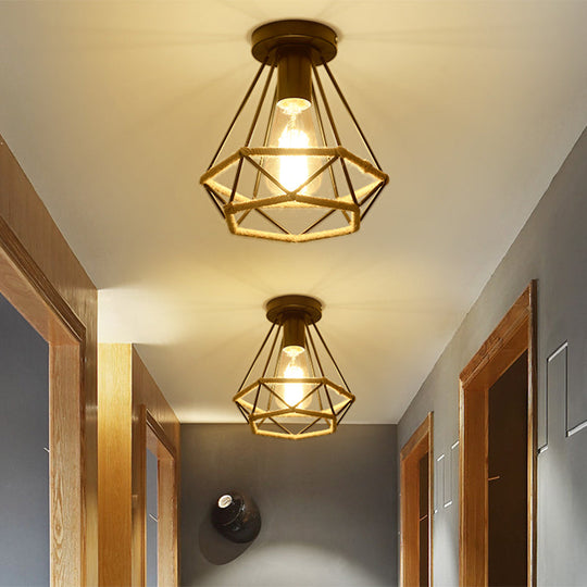 Lodge Style Metal And Rope Semi Flush Mount Ceiling Light With Black Finish - Ideal For Hallway /