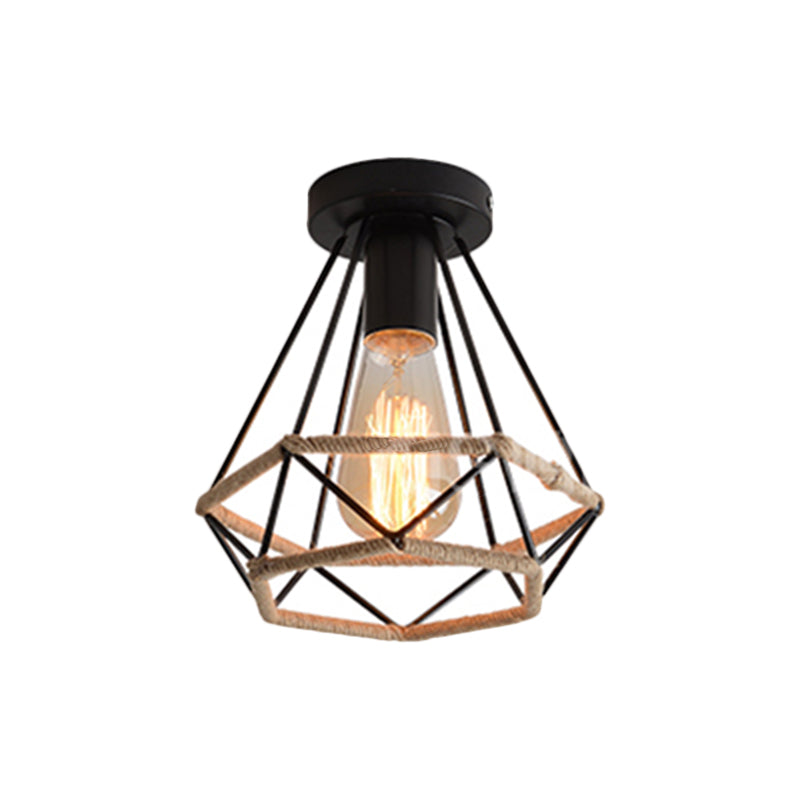 Lodge Style Metal And Rope Semi Flush Mount Ceiling Light With Black Finish - Ideal For Hallway