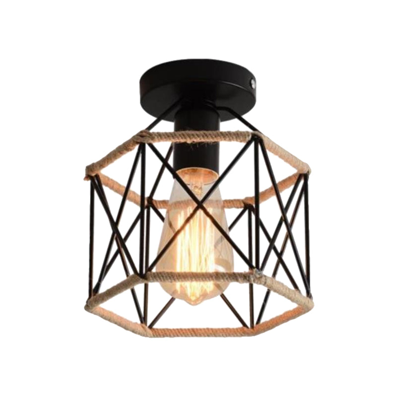 Lodge Style Metal And Rope Semi Flush Mount Ceiling Light With Black Finish - Ideal For Hallway