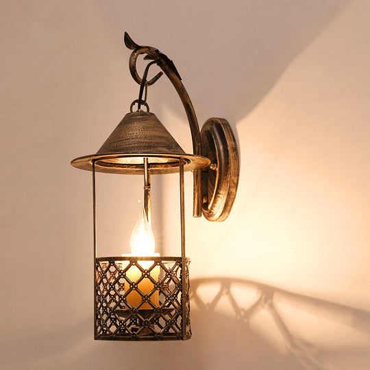 Farmhouse Brass Metal Wall Sconce With Flameless Candle For Restaurants - 1 Head Lantern Light