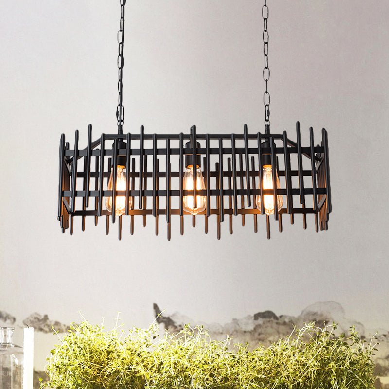 Metallic Wire Cage Island Light: Antique Style 3-Light Farmhouse Lamp In Black/Rust Black