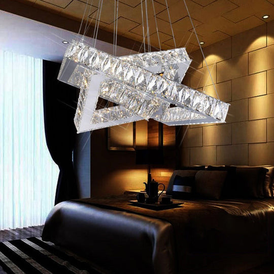 Square Crystal Hanging Chandelier - Modern Chrome Led Drop Light For Bedroom (16/19.5)