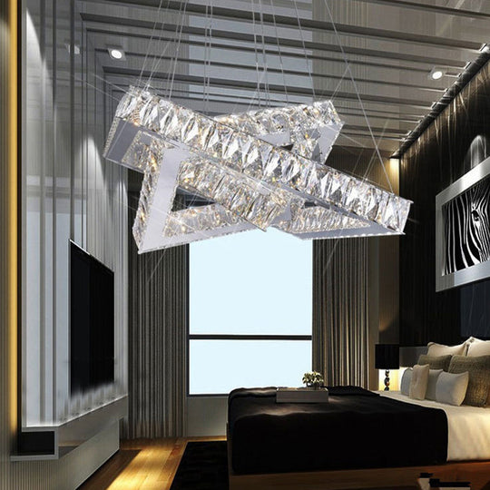 Square Crystal Hanging Chandelier - Modern Chrome Led Drop Light For Bedroom (16/19.5) / 16 Warm