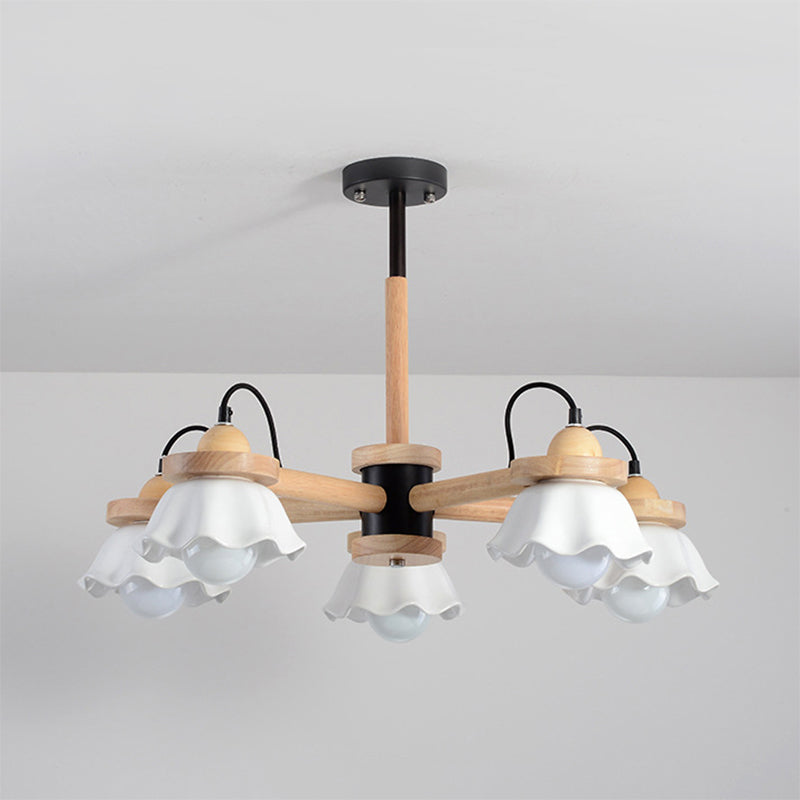 Nordic Wooden Chandelier with Scallop Shades - Perfect for Living Room Ceiling Lighting