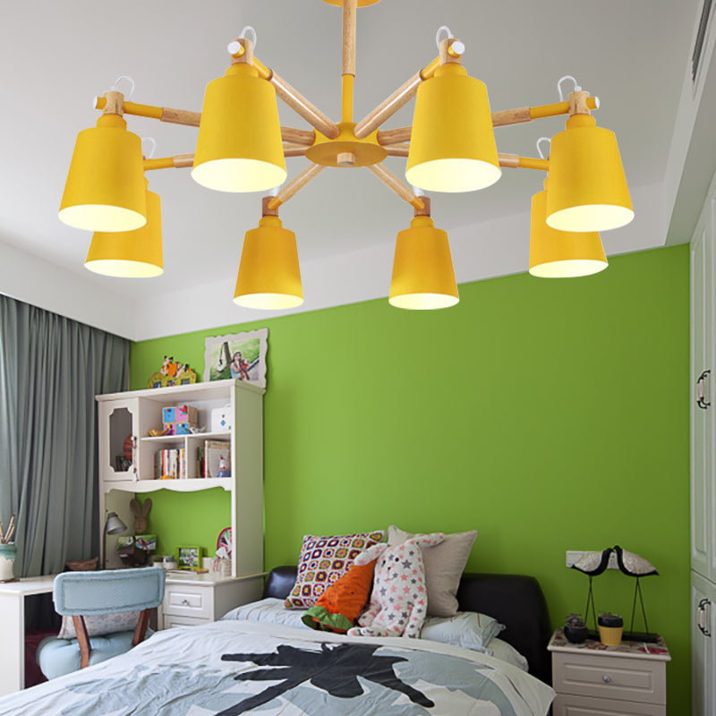 Macaron Metal Chandelier: Stylish Hanging Light With 8 Lights For Kids Bedroom Yellow