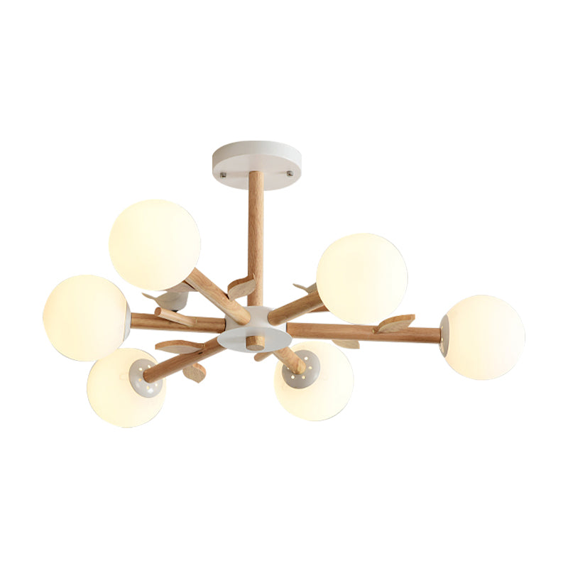 White Japanese Style Bedroom Chandelier With Bird Wood Glass Orb Shade