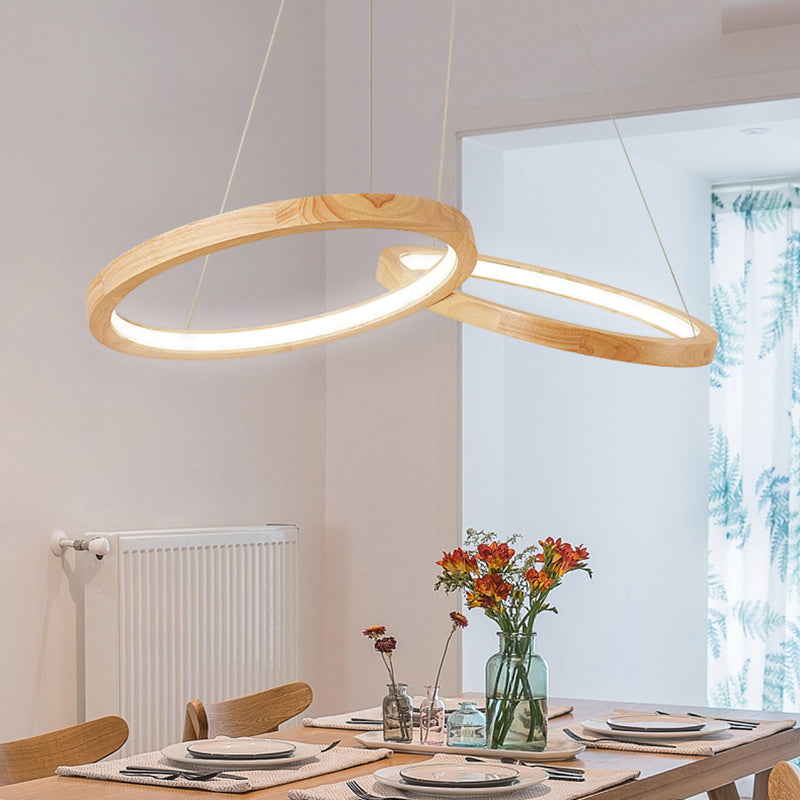 Wood Double-Ring Pendant Light Dining Room Modern Simple Chandelier in Beige