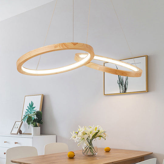 Wood Double-Ring Pendant Light Dining Room Modern Simple Chandelier in Beige