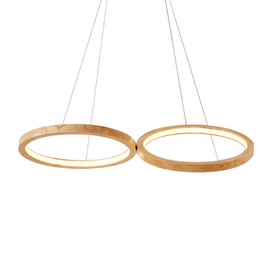 Modern Wood Double-Ring Pendant Light Chandelier For Dining Room In Beige