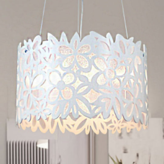 White Floral Pendant Light For Dining Room With Drum Shade And Wrought Iron Frame