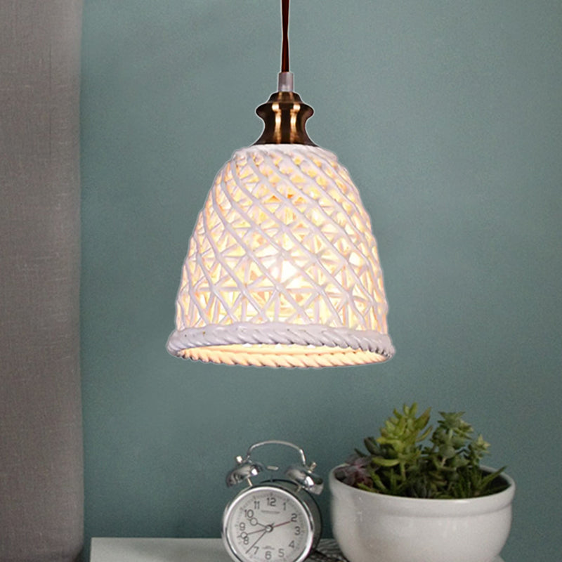 Modern Ceramic Pendant Lamp For Restaurants - Stylish Domed Basket Design 1 Head Hanging Light