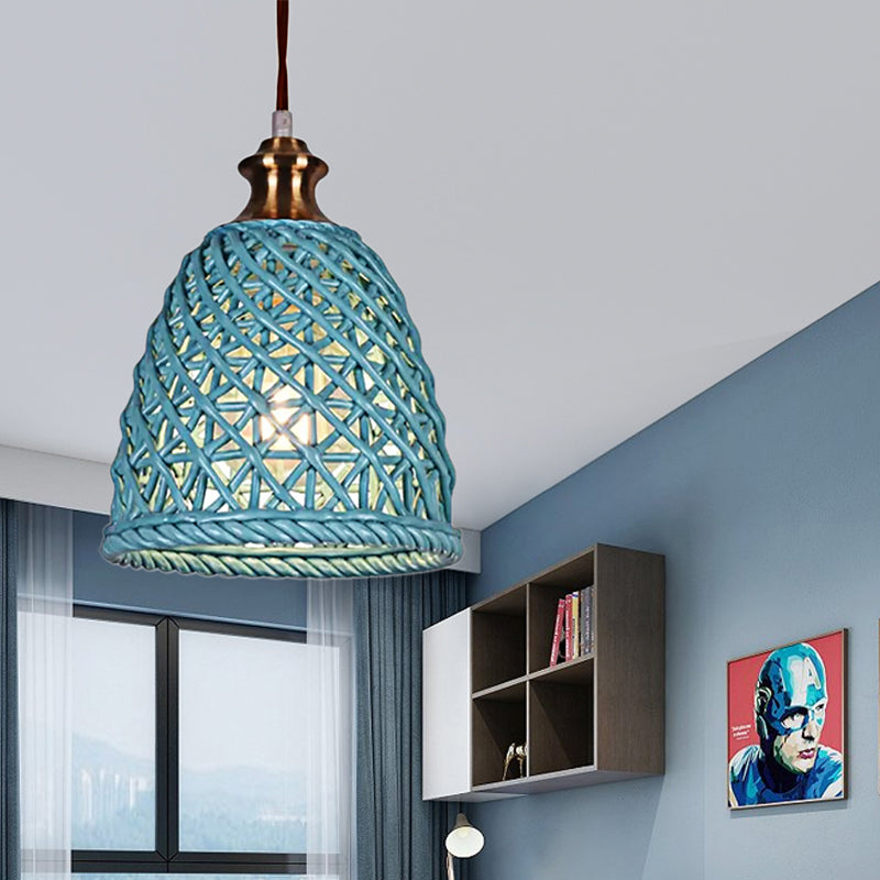 Modern Ceramic Pendant Lamp For Restaurants - Stylish Domed Basket Design 1 Head Hanging Light Blue