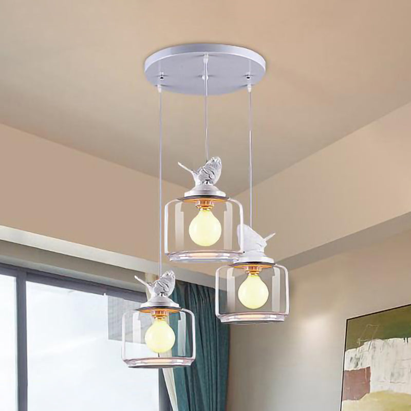 Modern Drum Hanging Lamp With Clear Glass And Bird Deco - Sleek White Ceiling Light For Living Room