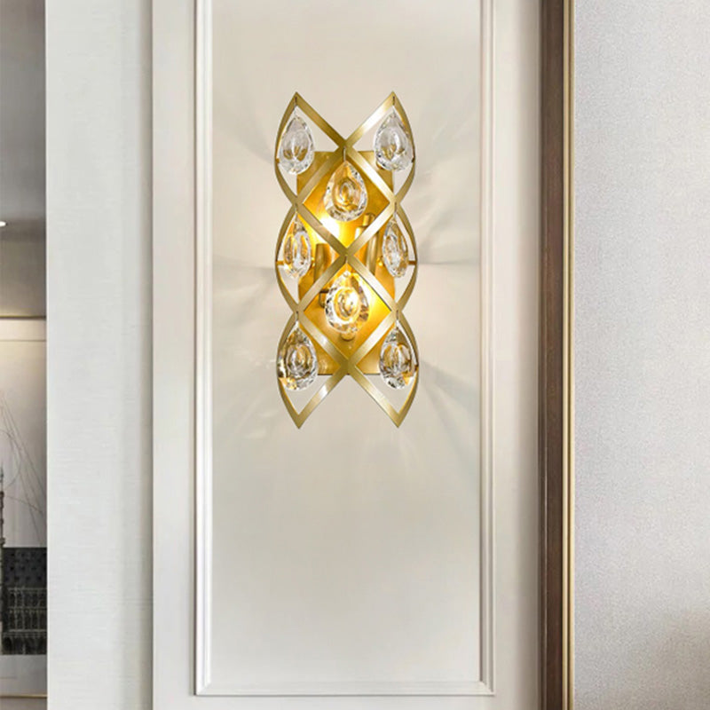 Contemporary Brass Finish Teardrop Sconce: Clear Crystal Wall Light With 2 Lights For Living Room