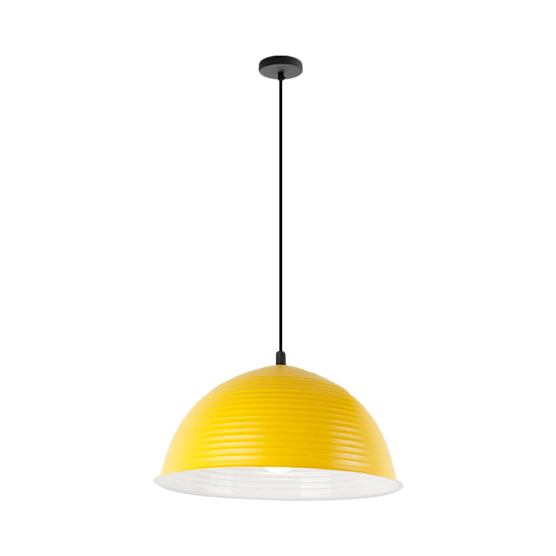 Industrial Grey/Yellow Hanging Lamp with Ribbed Dome Shade - 1 Light, 12"/16" Wide - Metal Indoor Ceiling Light