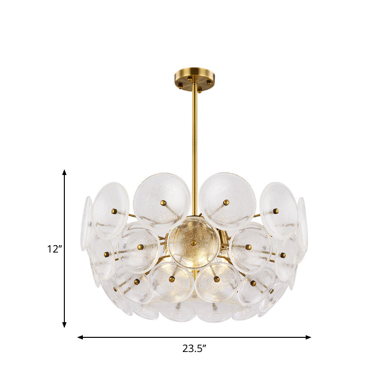 Modern Gold Finish Hanging Chandelier With Clear Glass Discs Triple Light Pendant Lamp