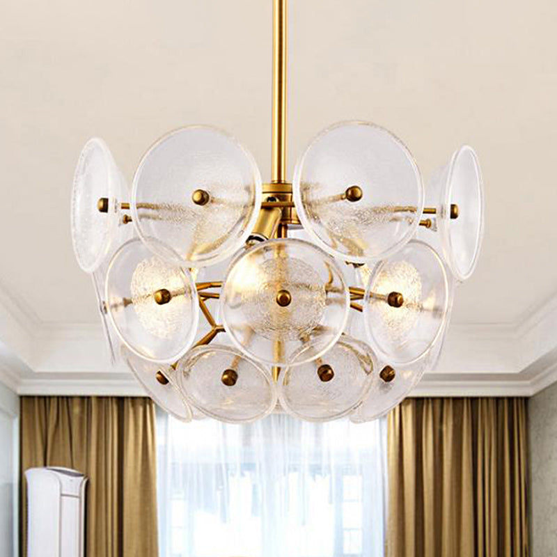 Modern Gold Finish Hanging Chandelier With Clear Glass Discs Triple Light Pendant Lamp / 16