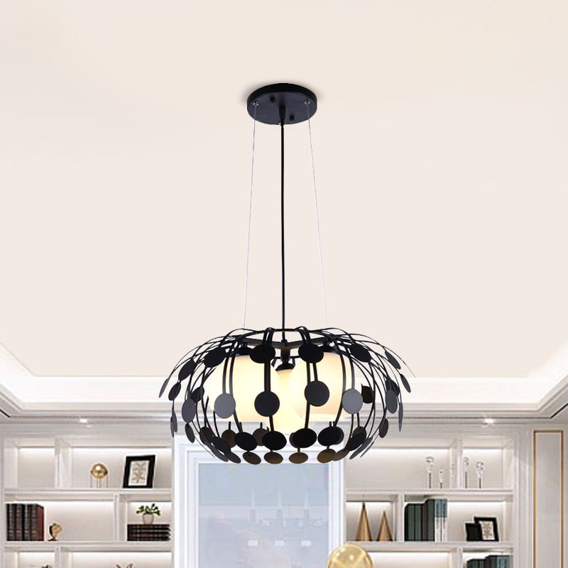 Modern Black and White Globe Chandelier - 3-Light Glass Hanging Ceiling Lamp with Oval Iron Frame