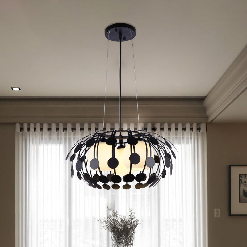 Modern Black and White Globe Chandelier - 3-Light Glass Hanging Ceiling Lamp with Oval Iron Frame