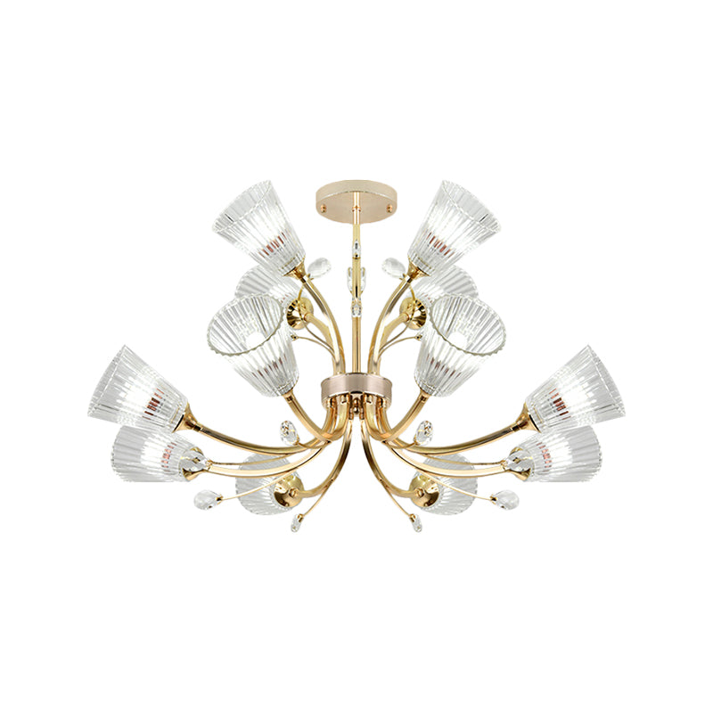 12-Light Ribbed Glass Chandelier With Crystal Accents - Gold Tapered Shade Hotel Hanging Lighting