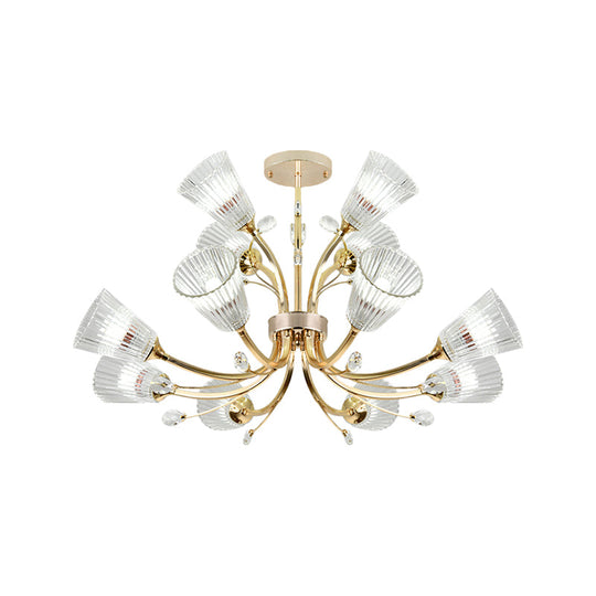12-Light Ribbed Glass Chandelier With Crystal Accents - Gold Tapered Shade Hotel Hanging Lighting
