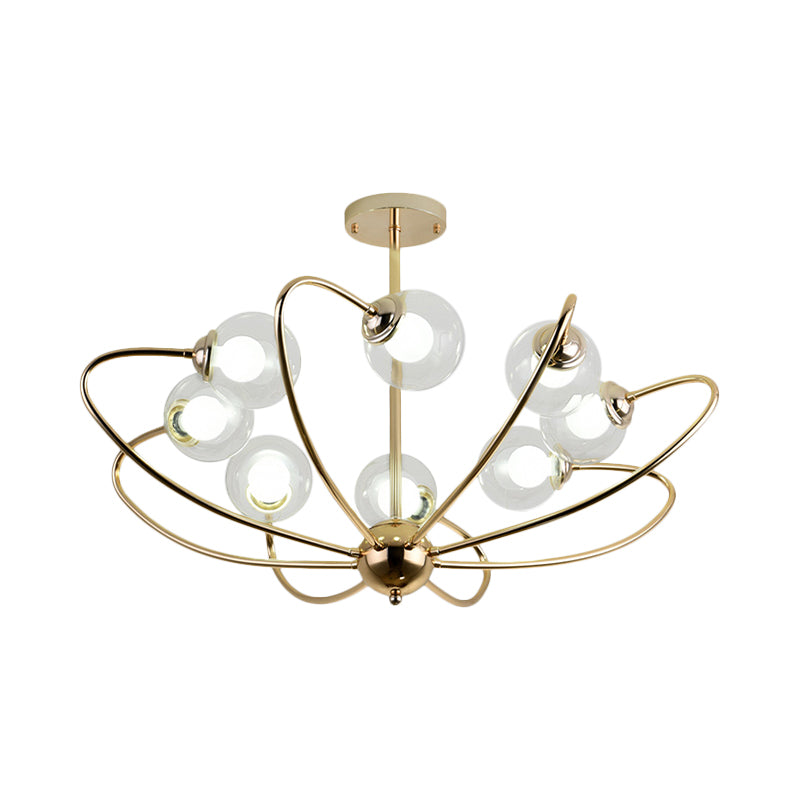 Gold Curved Arm Pendant Light With Glass Shades - Ceiling Chandelier (6/8/10 Heads)