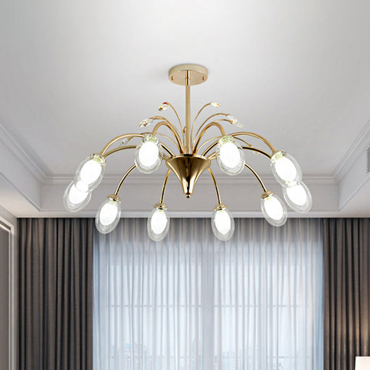 Modern Gold Chandelier Lamp With Oval Glass Shades - 6/8/10 Head Ceiling Light