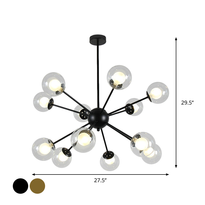 Modern Black/Gold Sputnik Hanging Light Fixture with Glass Shades - 12/18 Heads Ceiling Lamp