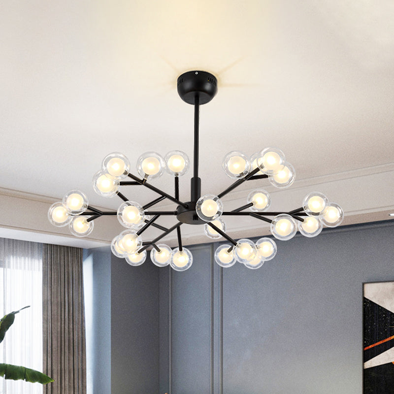 Modern Nordic Style Black Branching Chandelier Pendant Light - Metal Hanging With Clear Glass Ball