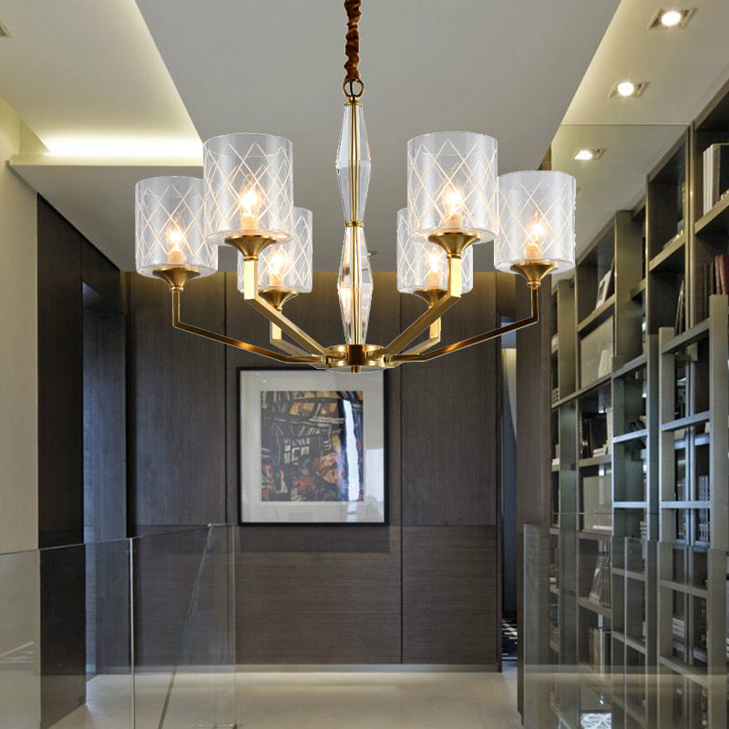 Emanuela - Elegant Grid Cylinder Shade Chandelier Elegant Style Metallic Ceiling Pendant in Gold for Study Room