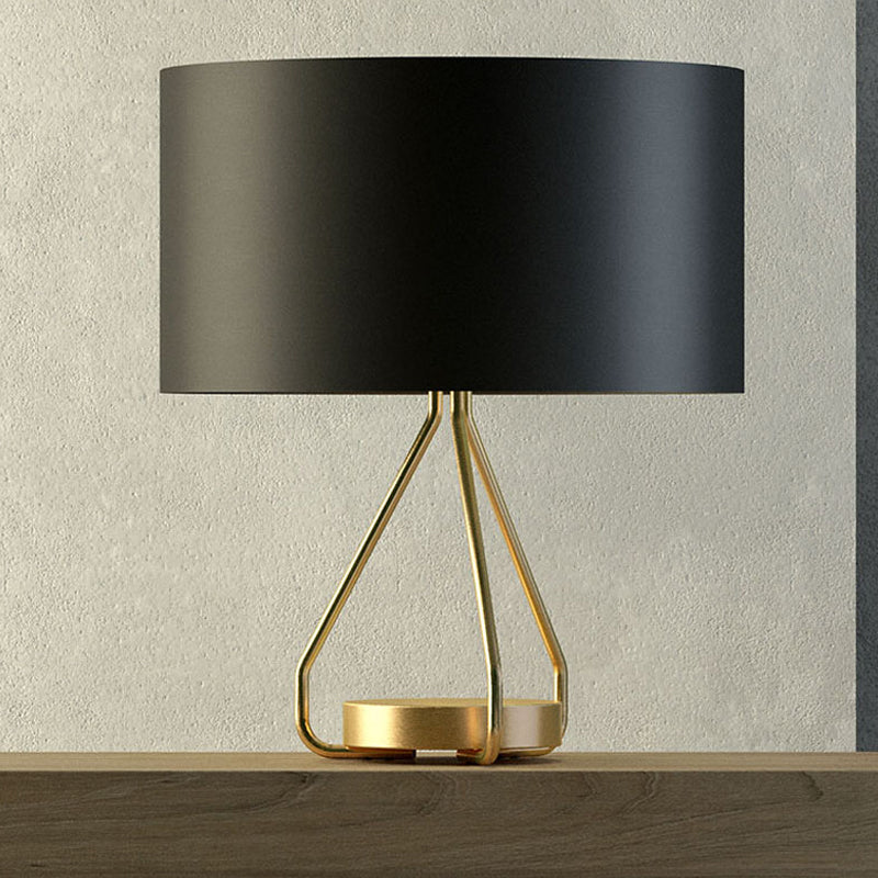 Vintage Brass Open Cage Night Lamp: 1-Light Metal Table Lighting With Drum Fabric Shade Black