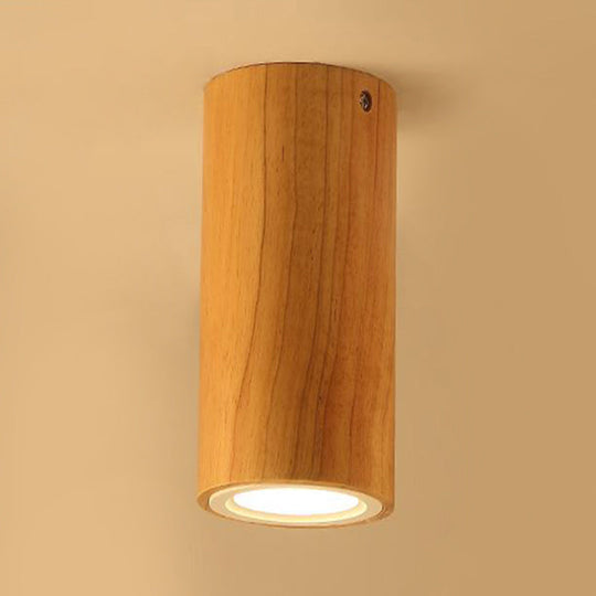 Beige Wood Cylinder Down Light - Asian Inspired Flush Mount For Dining Room / 8