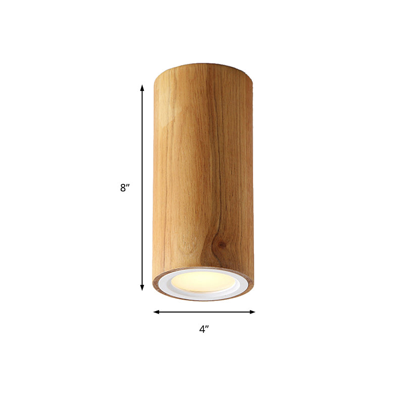 Beige Wood Cylinder Down Light - Asian Inspired Flush Mount For Dining Room