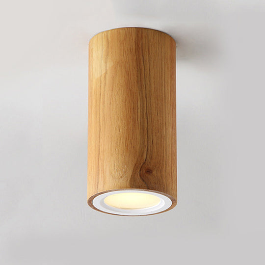 Beige Wood Cylinder Down Light - Asian Inspired Flush Mount For Dining Room / 6