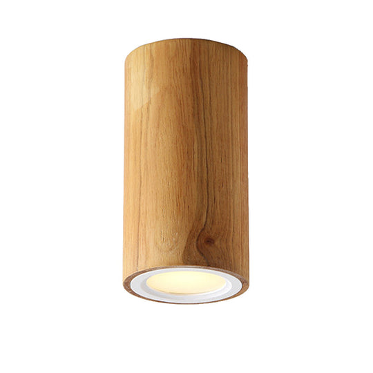 Beige Wood Cylinder Down Light - Asian Inspired Flush Mount For Dining Room