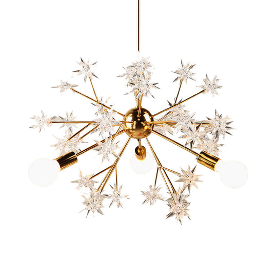 Gold Star Chandelier With 3 Lights - Romantic Metal Hanging Light For Child Bedroom Or Hotel Décor