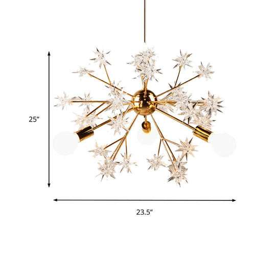 Gold Star Chandelier With 3 Lights - Romantic Metal Hanging Light For Child Bedroom Or Hotel Décor