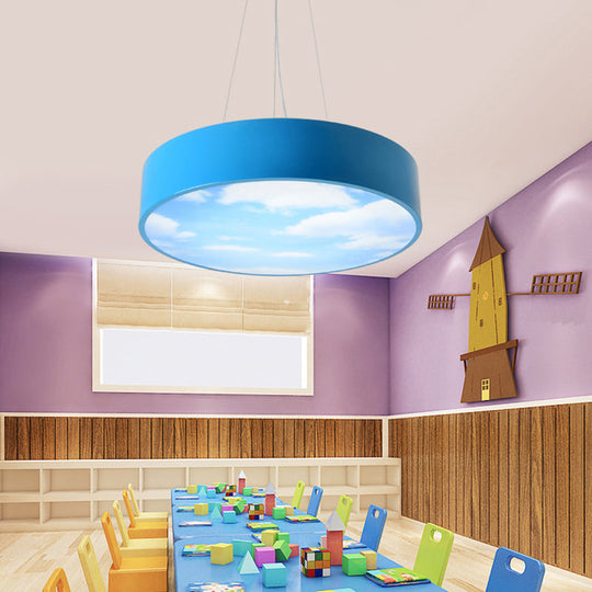 Bright Round Led Pendant Lamp With Colorful Acrylic Sky Design For Kindergarten Blue / 15.5