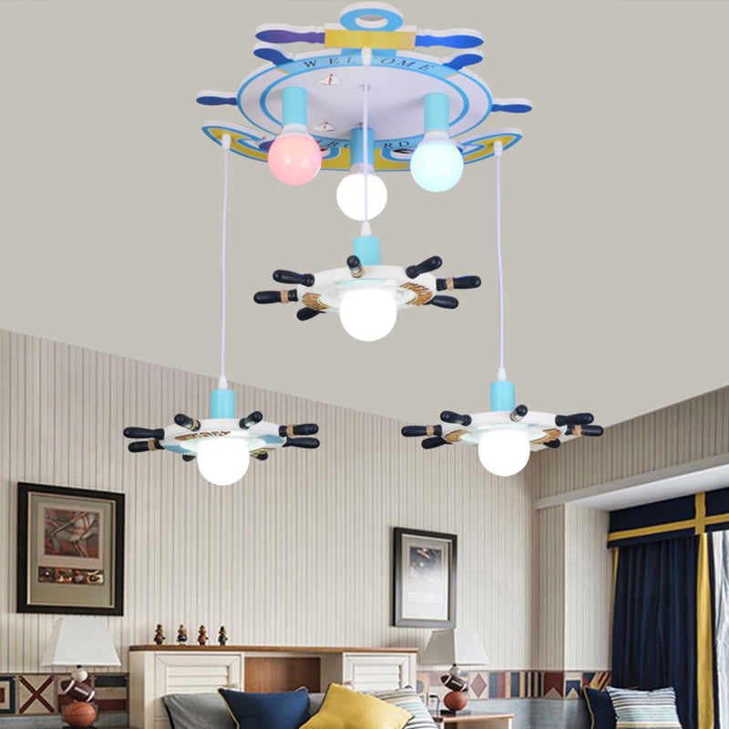 Nautical Rudder Anchor Wood Ceiling Light With 6 Heads For Childs Bedroom Blue