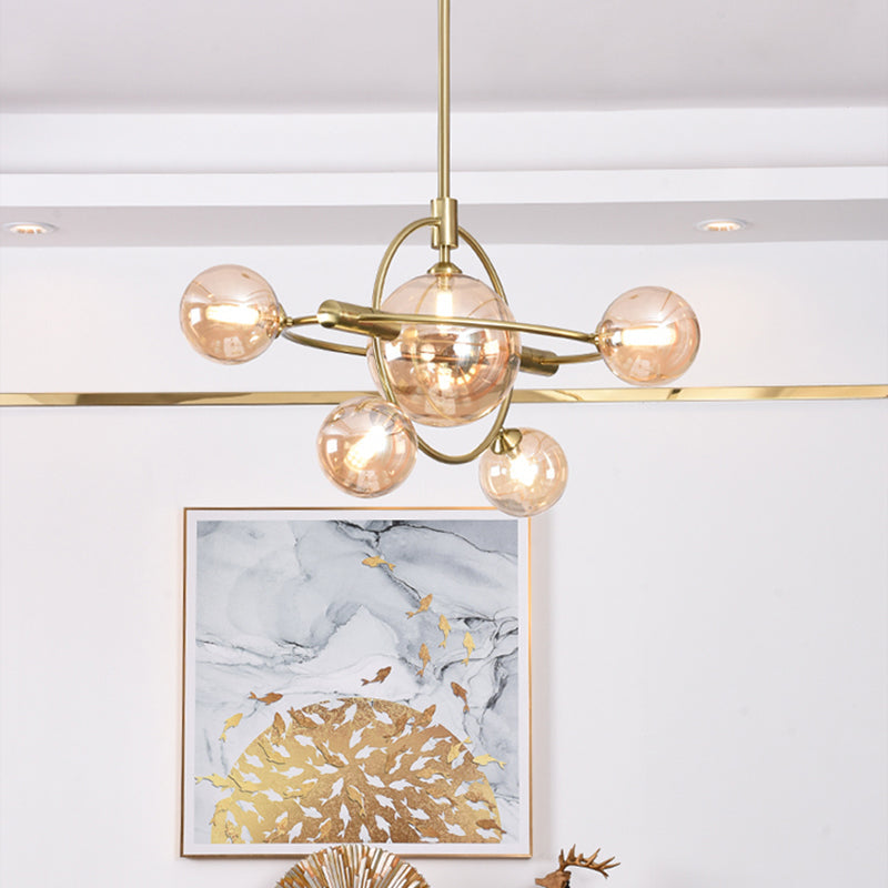 Contemporary Gold Pendant Light With Amber/Clear/Smoke Glass Sphere Shade - Living Room Chandelier 6