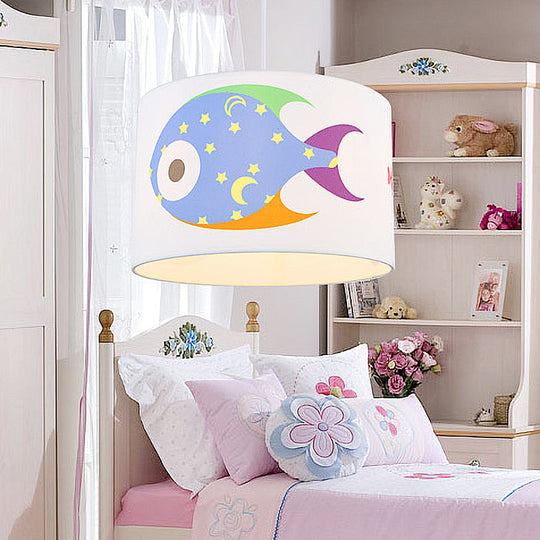 Fish Fabric Cartoon Drum Pendant Light For Kids Room