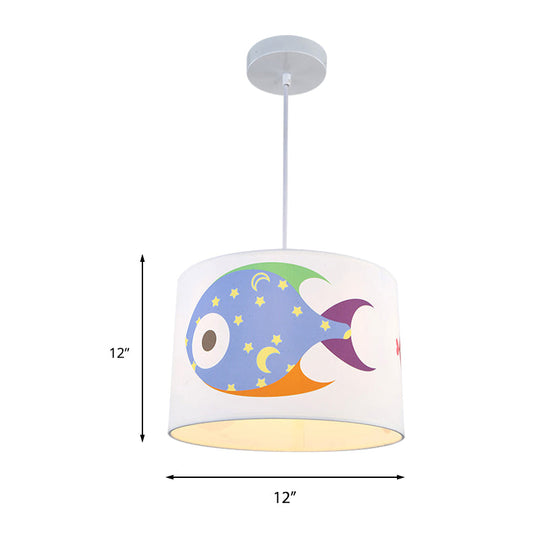 Fish Fabric Cartoon Drum Pendant Light For Kids Room