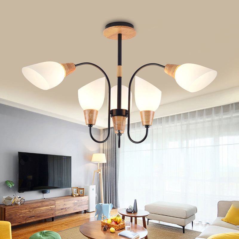 Contemporary Frosted Glass Chandelier - Modern White Bud Shape Suspended Light For Living Room And