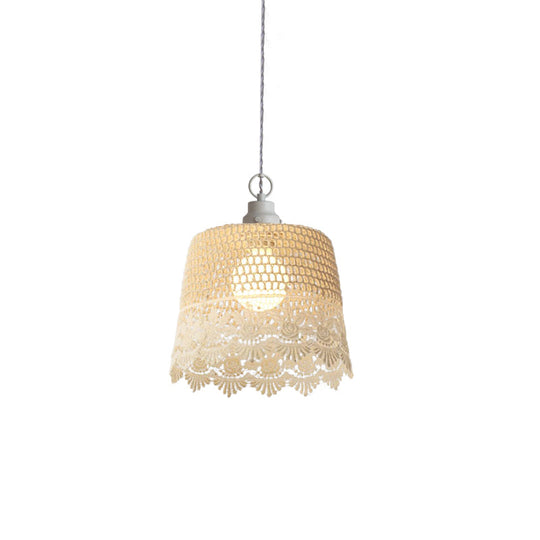 Beige Cylinder Fabric Pendant Light For Study Room