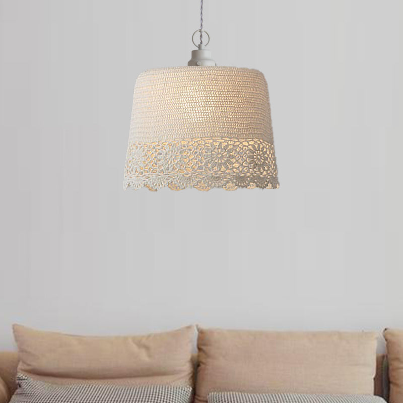 Stylish Beige Fabric Hanging Pendant Light For Adult Bedroom With Modern Drum Design